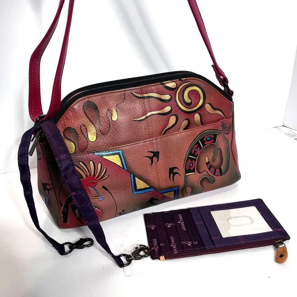 Anuschka Leather Crossbody & Card Holder Southwest Themed Artwork Hand Painted